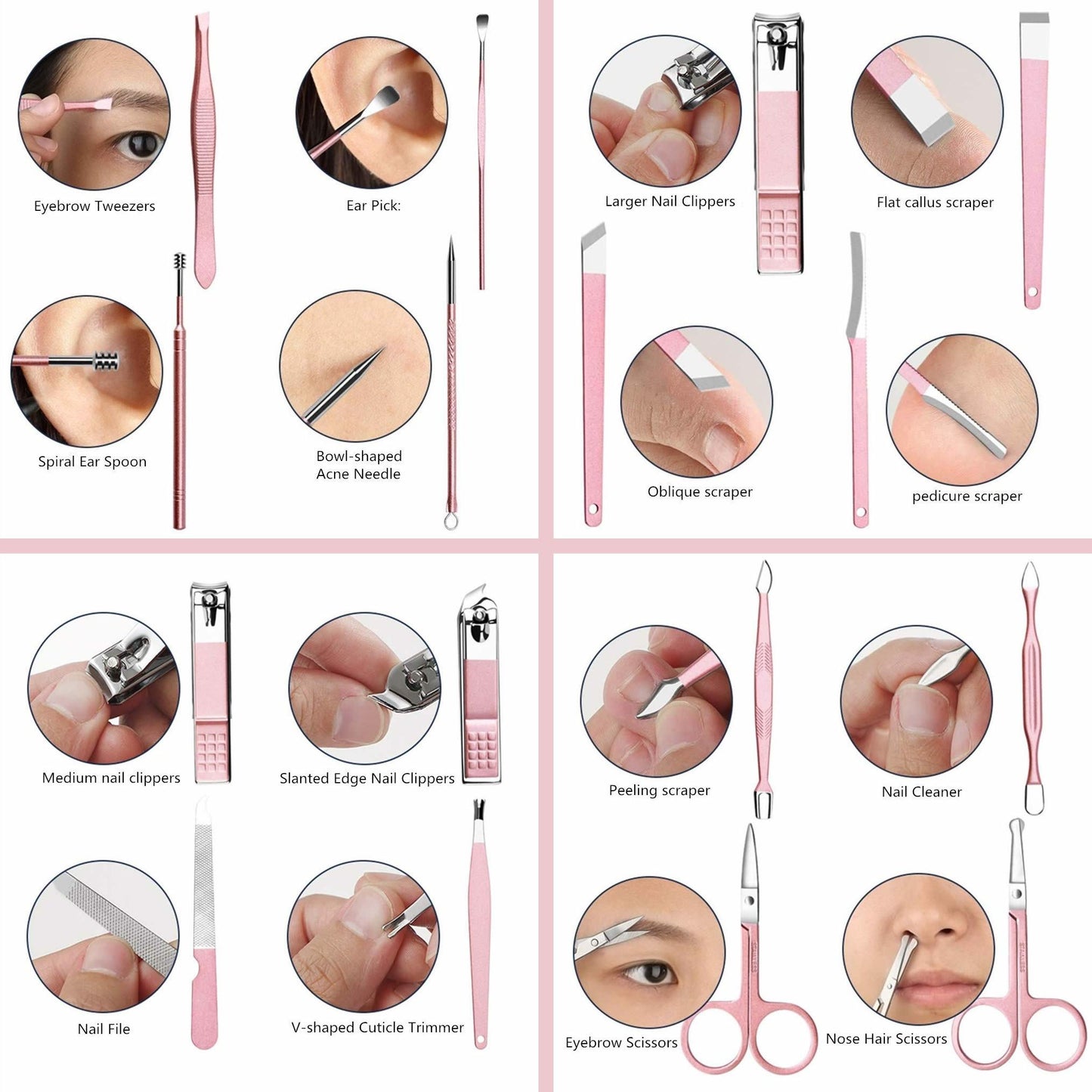 This 18 in 1 manicure pedicure set is made of top high Stainless Steel.
Pretty, sturdy and built to last.