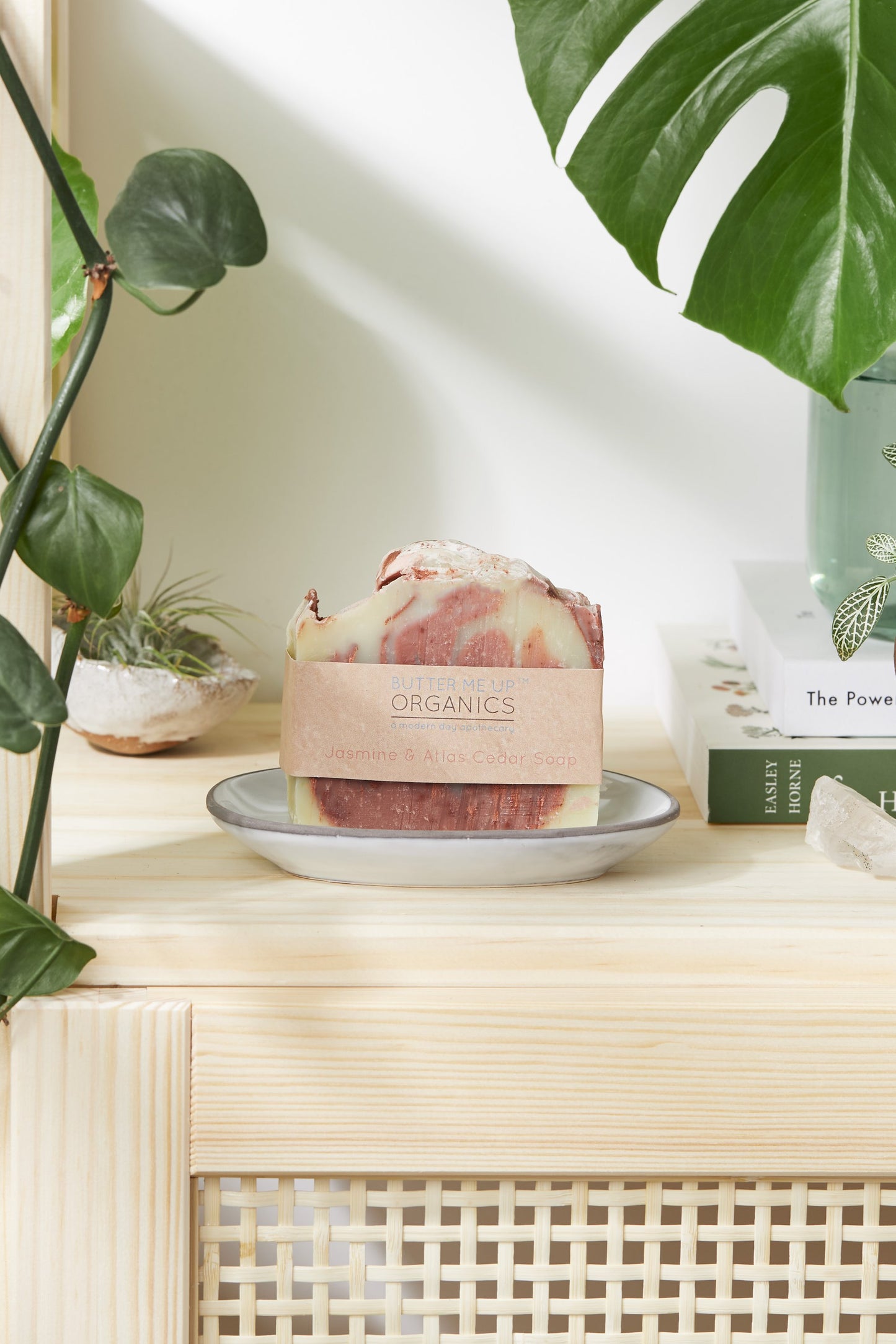 This beautiful Jasmine, Cedar, and Pine scented soap is hand-cut and made with cleansing Rose Clay.