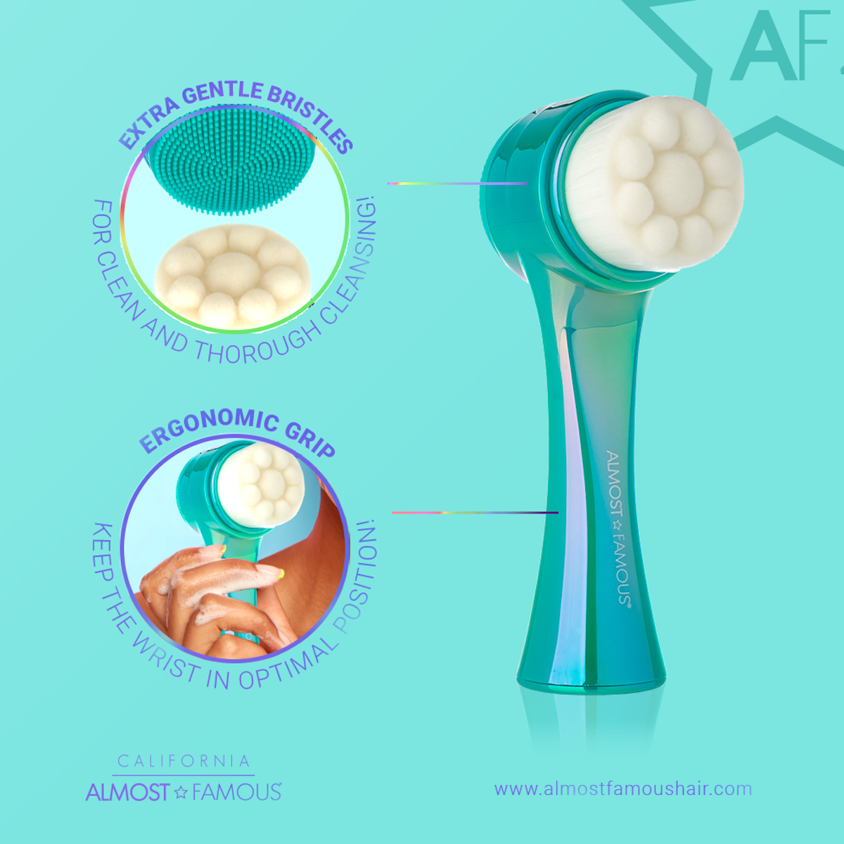 The 2in1 brush lightly cleanses your oily T-Zone with 550,000 soft microfiber bristles