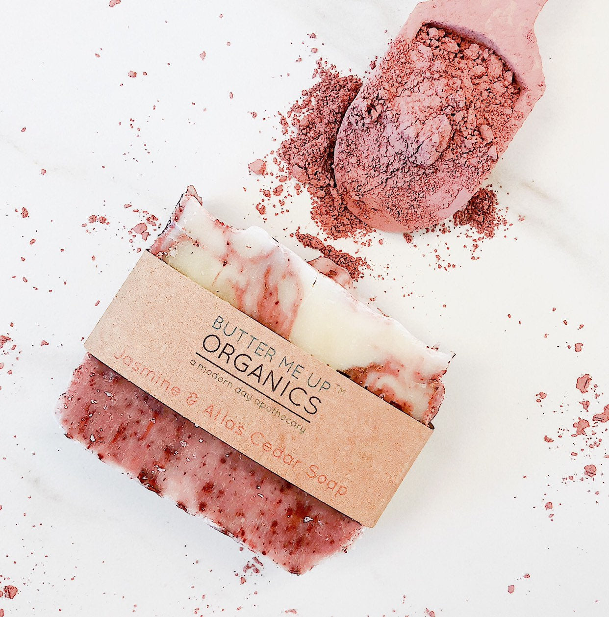 This beautiful Jasmine, Cedar, and Pine scented soap is hand-cut and made with cleansing Rose Clay.