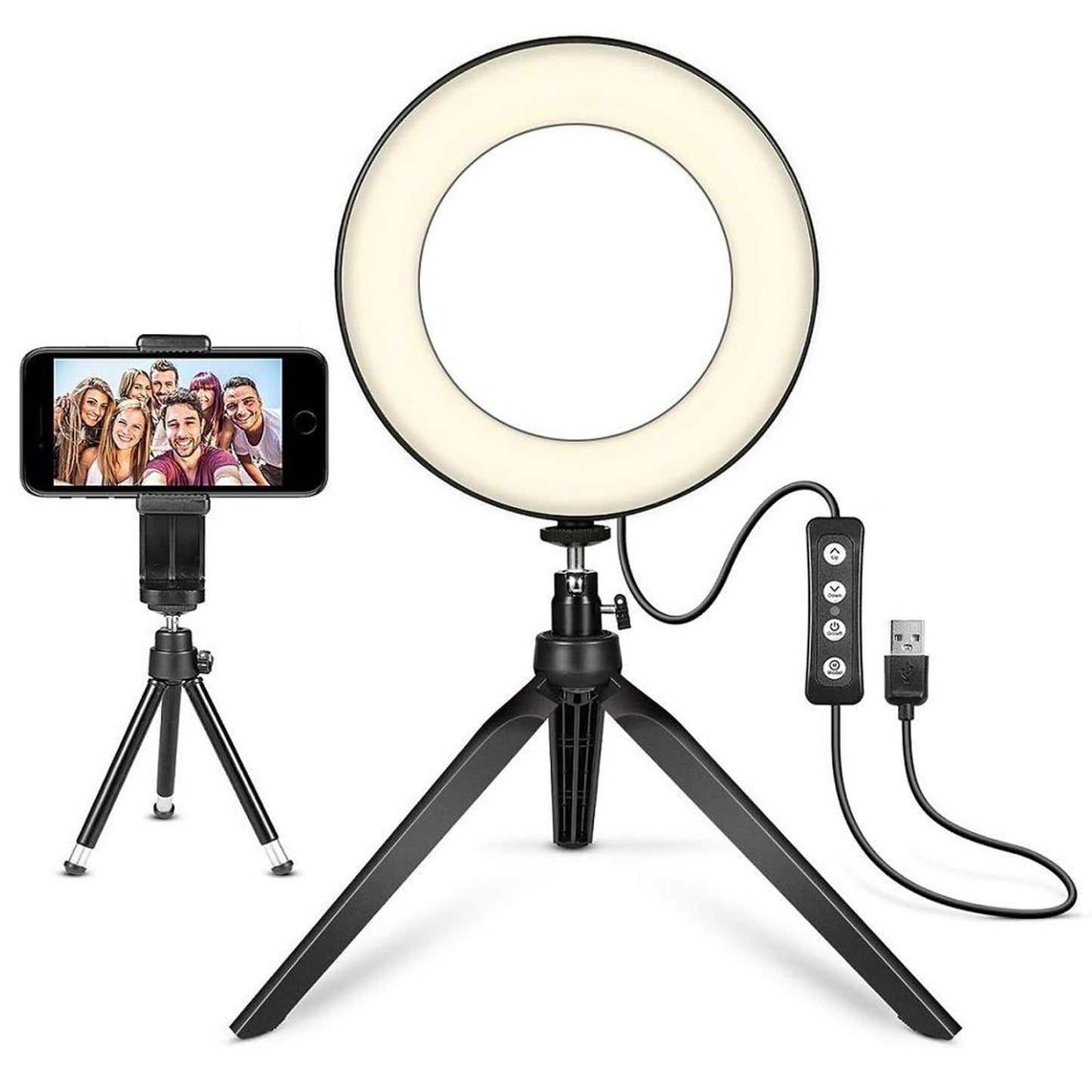 Package Included:
1 x LED Ring Light (6 inch)
1 x Tripod Stand For LED Ring
1 x Tripod For Phone
1 x Phone clip
1 x mini ball head